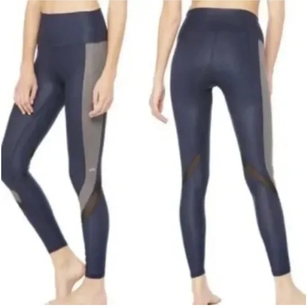 ALO Yoga Elevate Hi-Rise Leggings Navy Gray Mesh Colorblock Size XS GUC